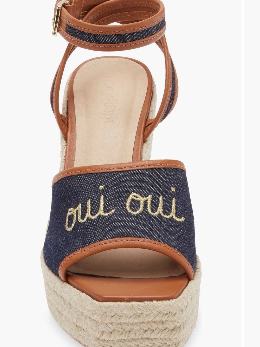 Cinq a Sept “Oui Oui” Denim Espadrille Wedge Sandals - Tan & Navy